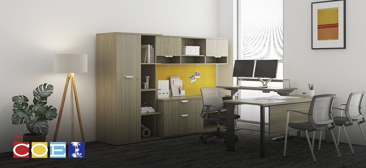 Office set up with dual desks and ample seating.